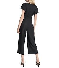 DKNY by Donna Karan Melange Washer Surplice Neck Short Flutter Sleeve Cropped Wide Leg Jumpsuit