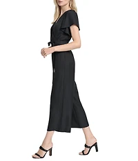 DKNY by Donna Karan Melange Washer Surplice Neck Short Flutter Sleeve Cropped Wide Leg Jumpsuit