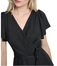 DKNY by Donna Karan Melange Washer Surplice Neck Short Flutter Sleeve Cropped Wide Leg Jumpsuit