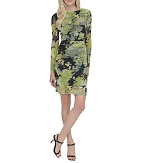 DKNY by Donna Karan Mesh Floral Print Crew Neck Long Sleeve Ruched Sheath Mini Dress