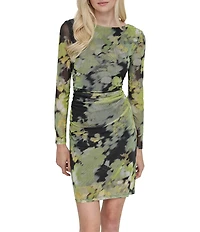 DKNY by Donna Karan Mesh Floral Print Crew Neck Long Sleeve Ruched Sheath Mini Dress
