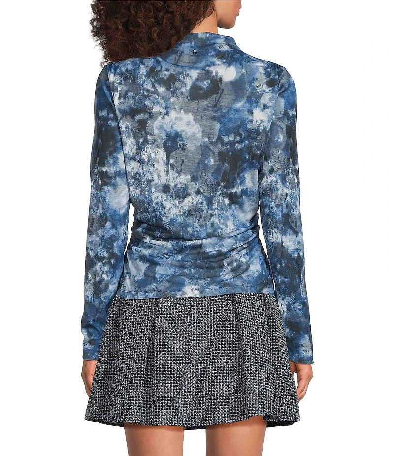 DKNY by Donna Karan Mesh Knit Mock Neck Long Sleeve Side Ruched Top