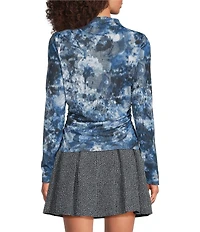 DKNY by Donna Karan Mesh Knit Mock Neck Long Sleeve Side Ruched Top