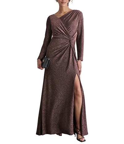DKNY by Donna Karan Metallic Knit Asymmetrical Surplice Neck Long Sleeve Side Knot Evening Gown