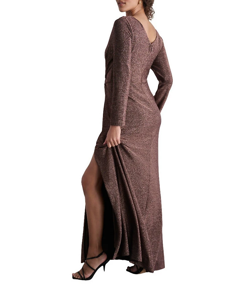 DKNY by Donna Karan Metallic Knit Asymmetrical Surplice Neck Long Sleeve Side Knot Evening Gown