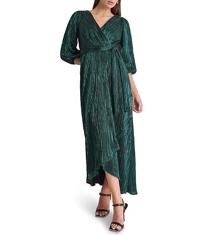 DKNY by Donna Karan Metallic Plisse Surplice neck 3/4 Balloon Sleeve Belted Faux Wrap Dress