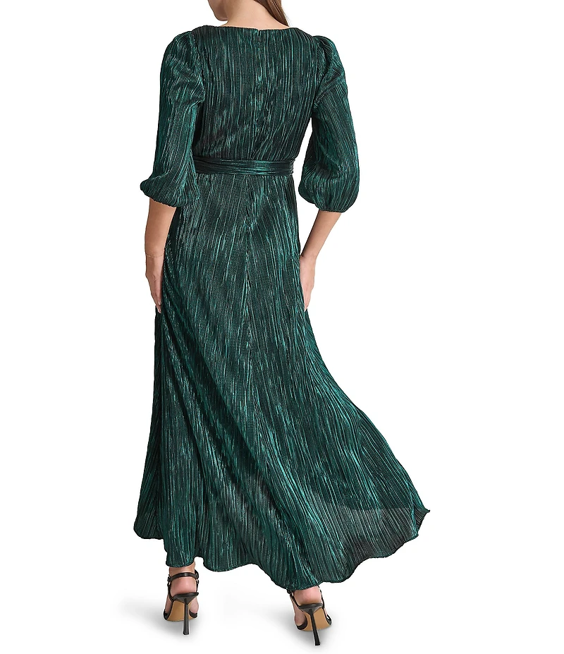 DKNY by Donna Karan Metallic Plisse Surplice neck 3/4 Balloon Sleeve Belted Faux Wrap Dress