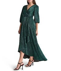 DKNY by Donna Karan Metallic Plisse Surplice neck 3/4 Balloon Sleeve Belted Faux Wrap Dress
