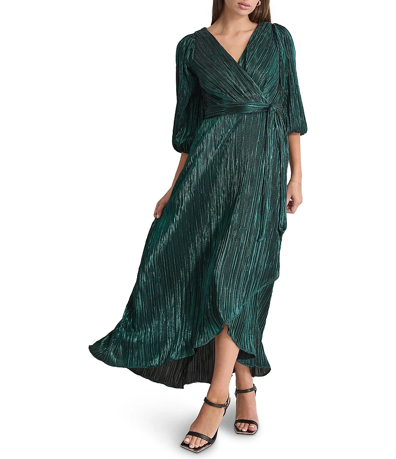 DKNY by Donna Karan Metallic Plisse Surplice neck 3/4 Balloon Sleeve Belted Faux Wrap Dress