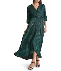 DKNY by Donna Karan Metallic Plisse Surplice neck 3/4 Balloon Sleeve Belted Faux Wrap Dress
