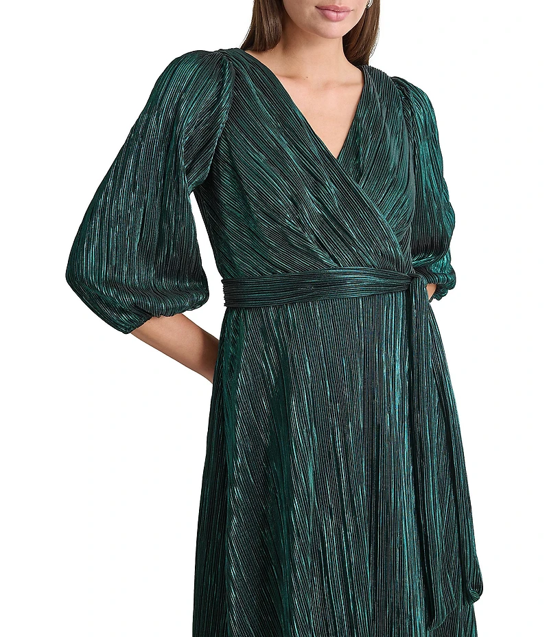 DKNY by Donna Karan Metallic Plisse Surplice neck 3/4 Balloon Sleeve Belted Faux Wrap Dress
