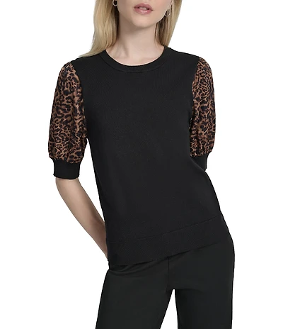 DKNY by Donna Karan Mix Media Cheetah Puff Sleeve Top