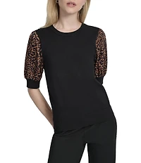 DKNY by Donna Karan Mix Media Cheetah Puff Sleeve Top