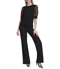 DKNY by Donna Karan Mix Media Cheetah Puff Sleeve Top