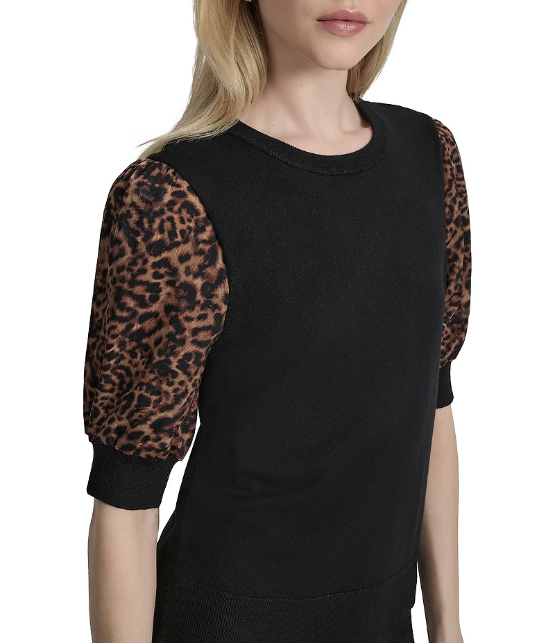 DKNY by Donna Karan Mix Media Cheetah Puff Sleeve Top