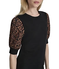 DKNY by Donna Karan Mix Media Cheetah Puff Sleeve Top