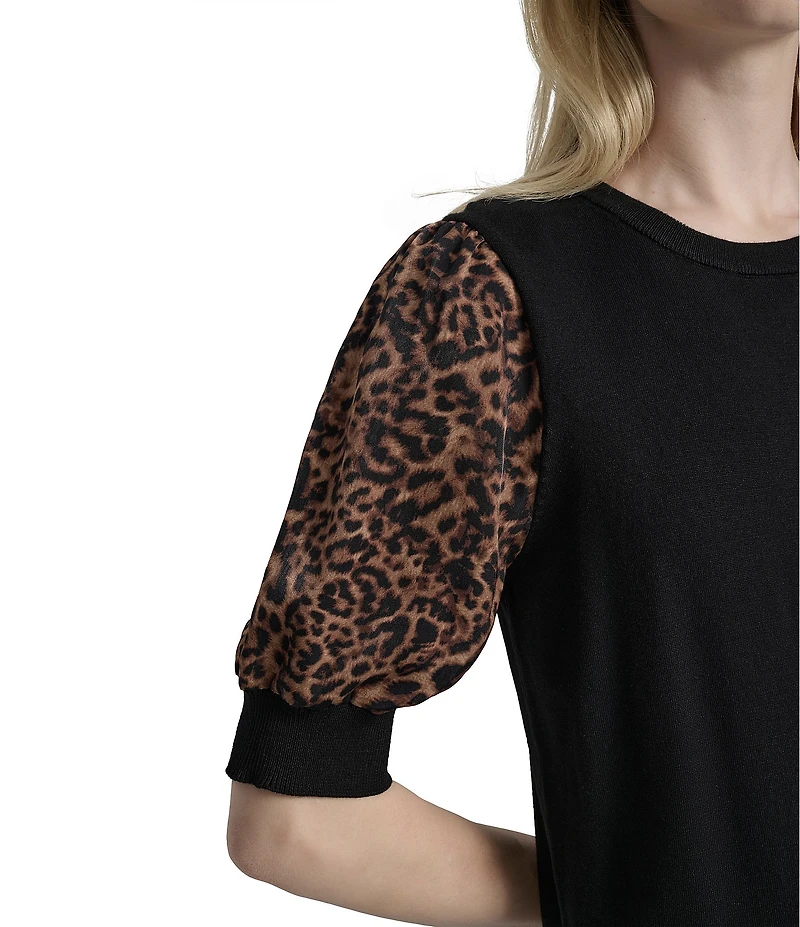 DKNY by Donna Karan Mix Media Cheetah Puff Sleeve Top