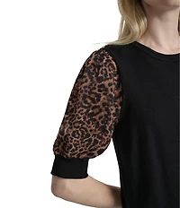 DKNY by Donna Karan Mix Media Cheetah Puff Sleeve Top