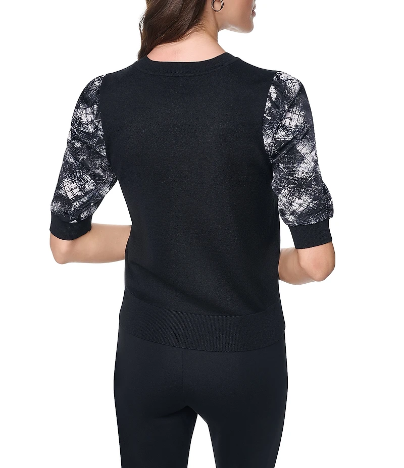 DKNY by Donna Karan Mix Media Crew Neck Puff Sleeve Top