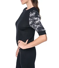 DKNY by Donna Karan Mix Media Crew Neck Puff Sleeve Top