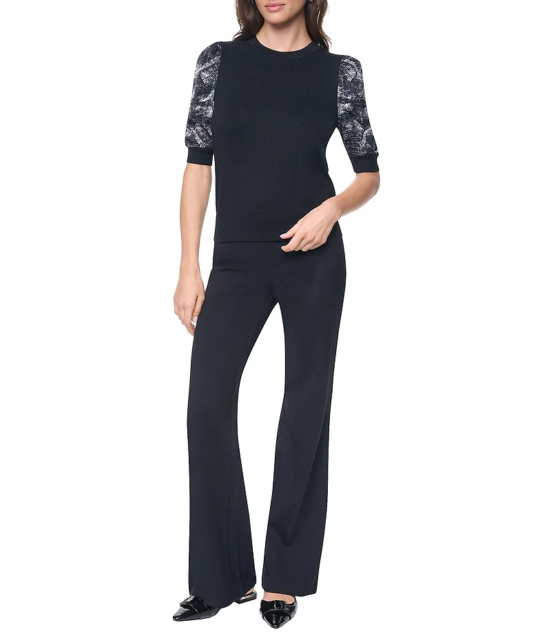 DKNY by Donna Karan Mix Media Crew Neck Puff Sleeve Top