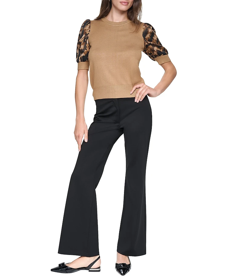 DKNY by Donna Karan Mix Media Crew Neck Puff Sleeve Top