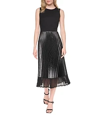 DKNY by Donna Karan Mix Media Scoop Neck Sleeveless Pleated Blouson Dress