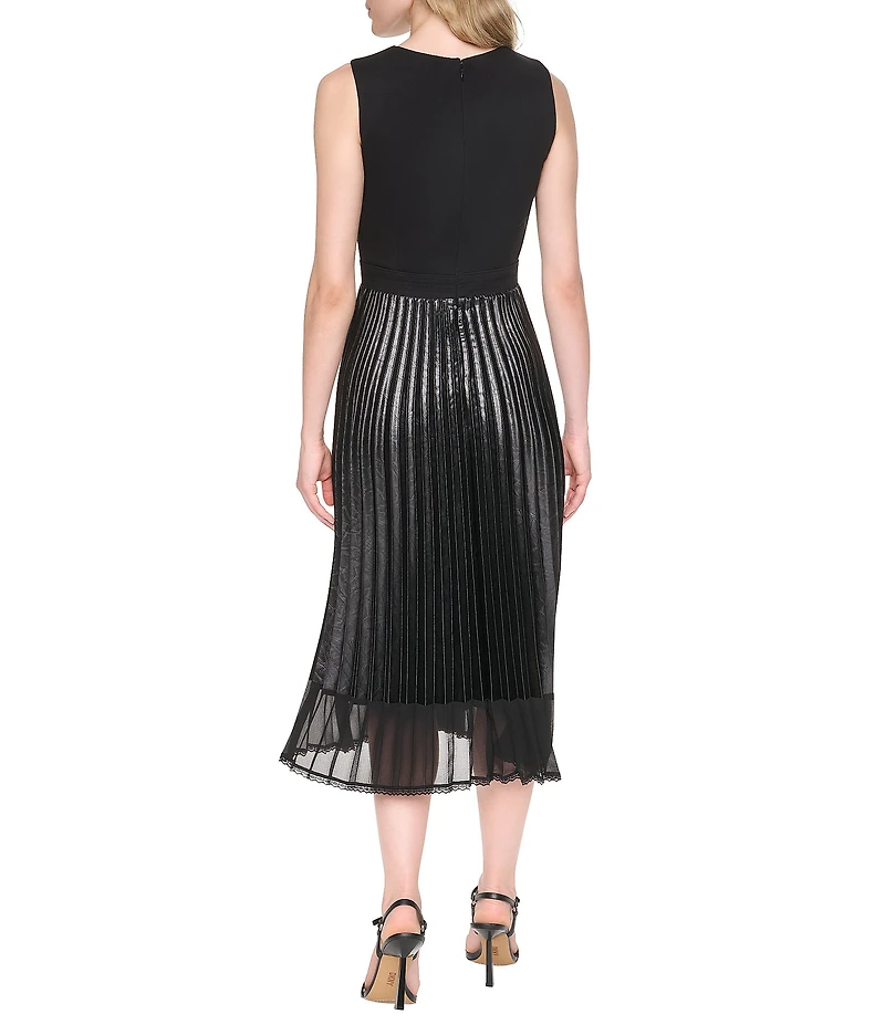 DKNY by Donna Karan Mix Media Scoop Neck Sleeveless Pleated Blouson Dress