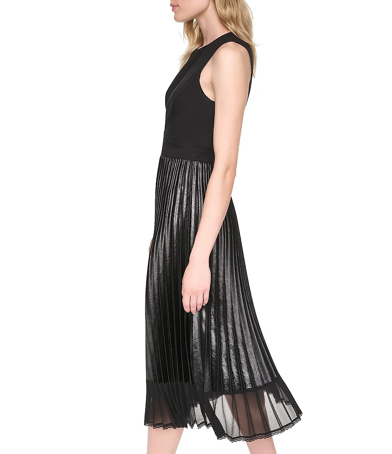 DKNY by Donna Karan Mix Media Scoop Neck Sleeveless Pleated Blouson Dress