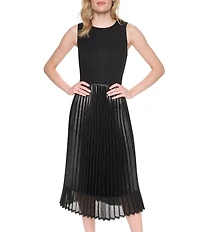 DKNY by Donna Karan Mix Media Scoop Neck Sleeveless Pleated Blouson Dress