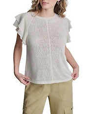 DKNY by Donna Karan Mixed Media Crew Neck Cap Flutter Sleeve Top