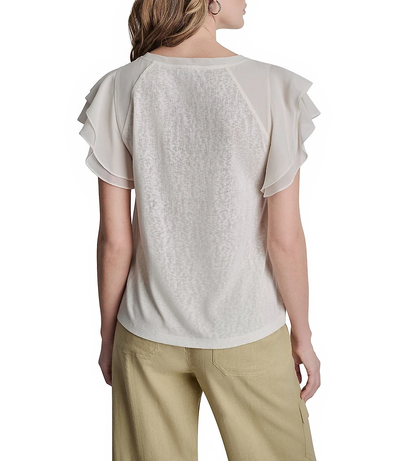 DKNY by Donna Karan Mixed Media Crew Neck Cap Flutter Sleeve Top