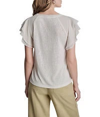 DKNY by Donna Karan Mixed Media Crew Neck Cap Flutter Sleeve Top