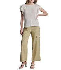 DKNY by Donna Karan Mixed Media Crew Neck Cap Flutter Sleeve Top
