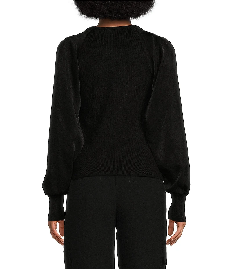 DKNY by Donna Karan Mixed Media Knit V-Neck Long Sleeve Sweater