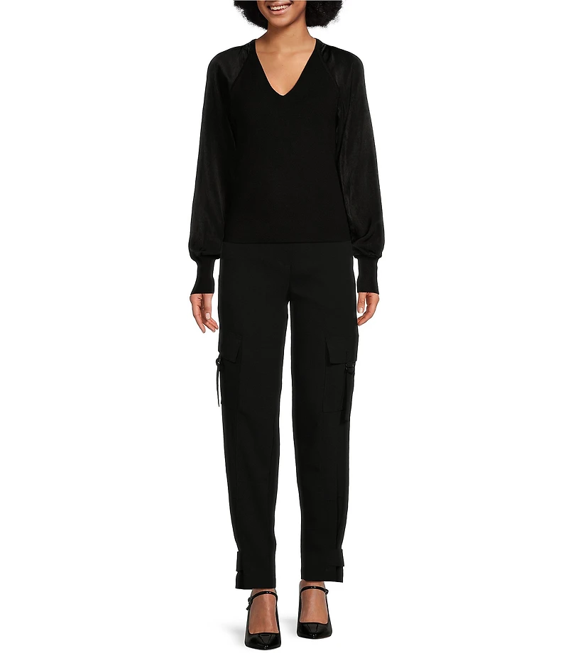 DKNY by Donna Karan Mixed Media Knit V-Neck Long Sleeve Sweater