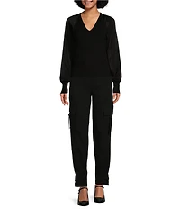 DKNY by Donna Karan Mixed Media Knit V-Neck Long Sleeve Sweater