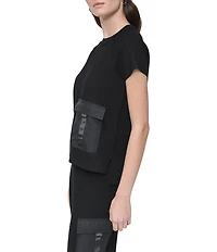 DKNY by Donna Karan Mixed Media Satin Cargo Pocket Crew Neck Short Sleeve Top