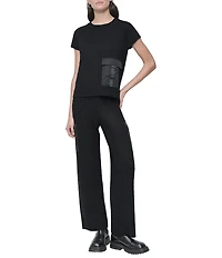 DKNY by Donna Karan Mixed Media Satin Cargo Pocket Crew Neck Short Sleeve Top