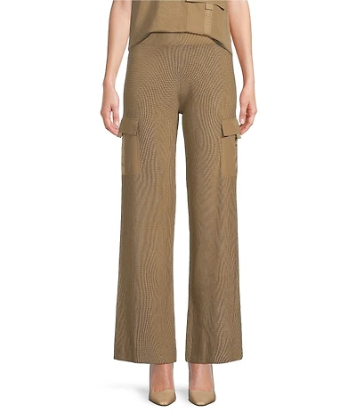 DKNY by Donna Karan Mixed Media Satin Pocket Wide Leg Cargo Pants