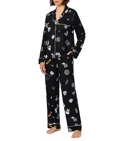 DKNY by Donna Karan Multi Logo Print Long Sleeve Notch Collar Jersey Knit Long Pajama Set