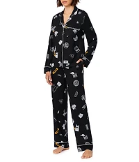 DKNY by Donna Karan Multi Logo Print Long Sleeve Notch Collar Jersey Knit Long Pajama Set