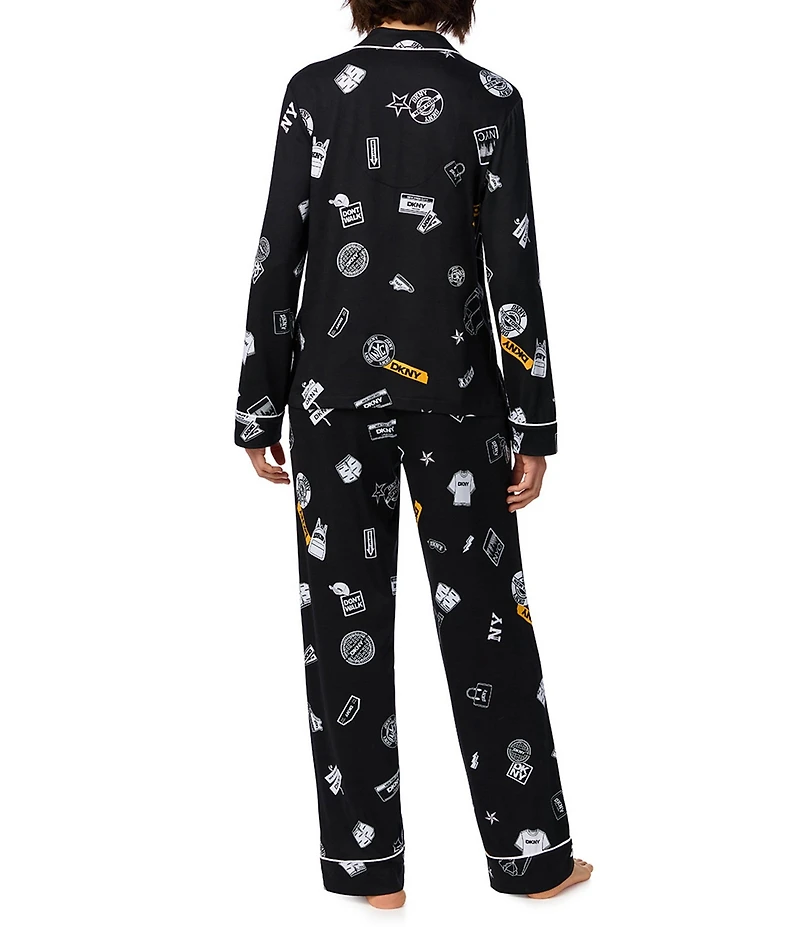 DKNY by Donna Karan Multi Logo Print Long Sleeve Notch Collar Jersey Knit Long Pajama Set