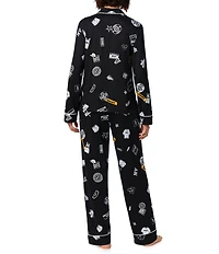 DKNY by Donna Karan Multi Logo Print Long Sleeve Notch Collar Jersey Knit Long Pajama Set
