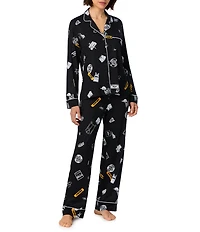 DKNY by Donna Karan Multi Logo Print Long Sleeve Notch Collar Jersey Knit Long Pajama Set