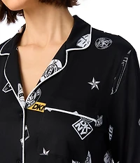 DKNY by Donna Karan Multi Logo Print Long Sleeve Notch Collar Jersey Knit Long Pajama Set