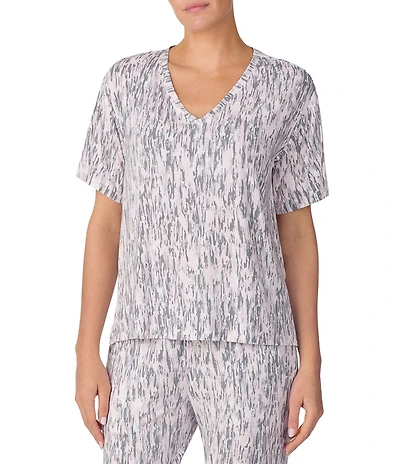 DKNY By Donna Karan Multi Texture Stripe Short Sleeve V-Neck Jersey Knit Coordinating Lounge Top