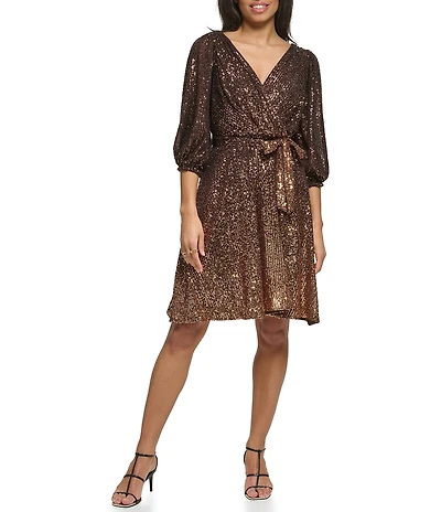 DKNY by Donna Karan Ombre Sequin Mesh Knit 3/4 Sleeve Faux Wrap Dress