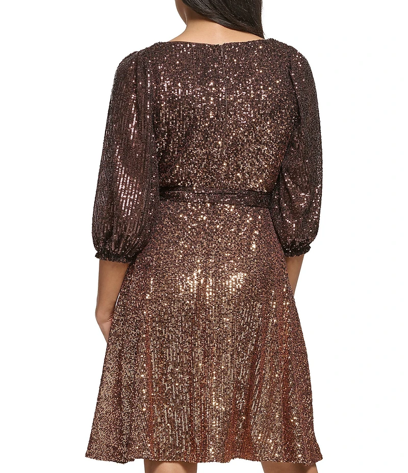 DKNY by Donna Karan Ombre Sequin Mesh Knit 3/4 Sleeve Faux Wrap Dress