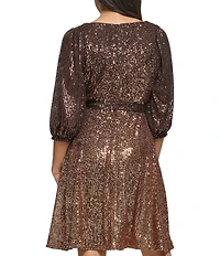 DKNY by Donna Karan Ombre Sequin Mesh Knit 3/4 Sleeve Faux Wrap Dress
